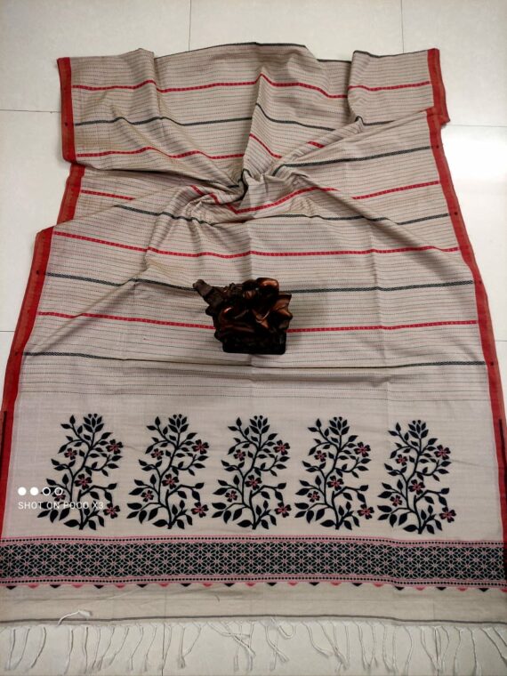 Lovely Beige Stripe Pattern Handwoven Cotton Saree
