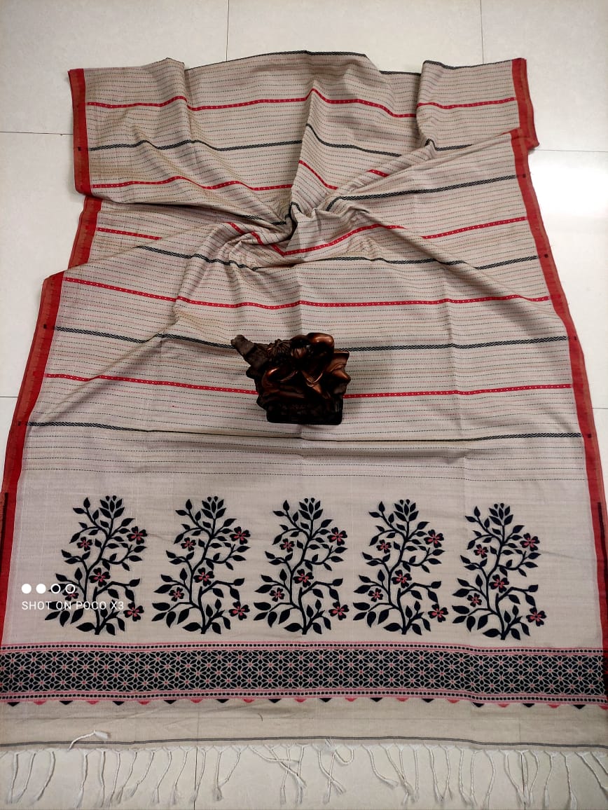 Lovely Beige Stripe Pattern Handwoven Cotton Saree