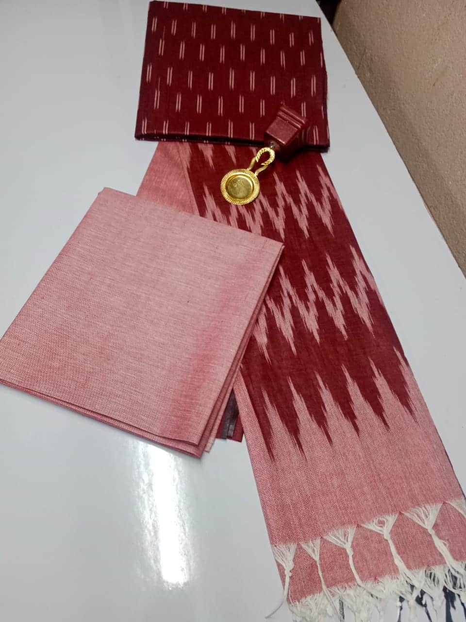 Lovely Maroon Red Tone Ikkat Cotton Dress Material With Dupatta And Bottom