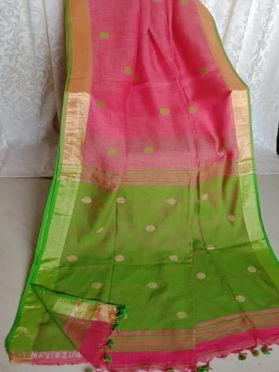 Lovely Pink Green Fusion Ball Butti Linen Jamdani Saree
