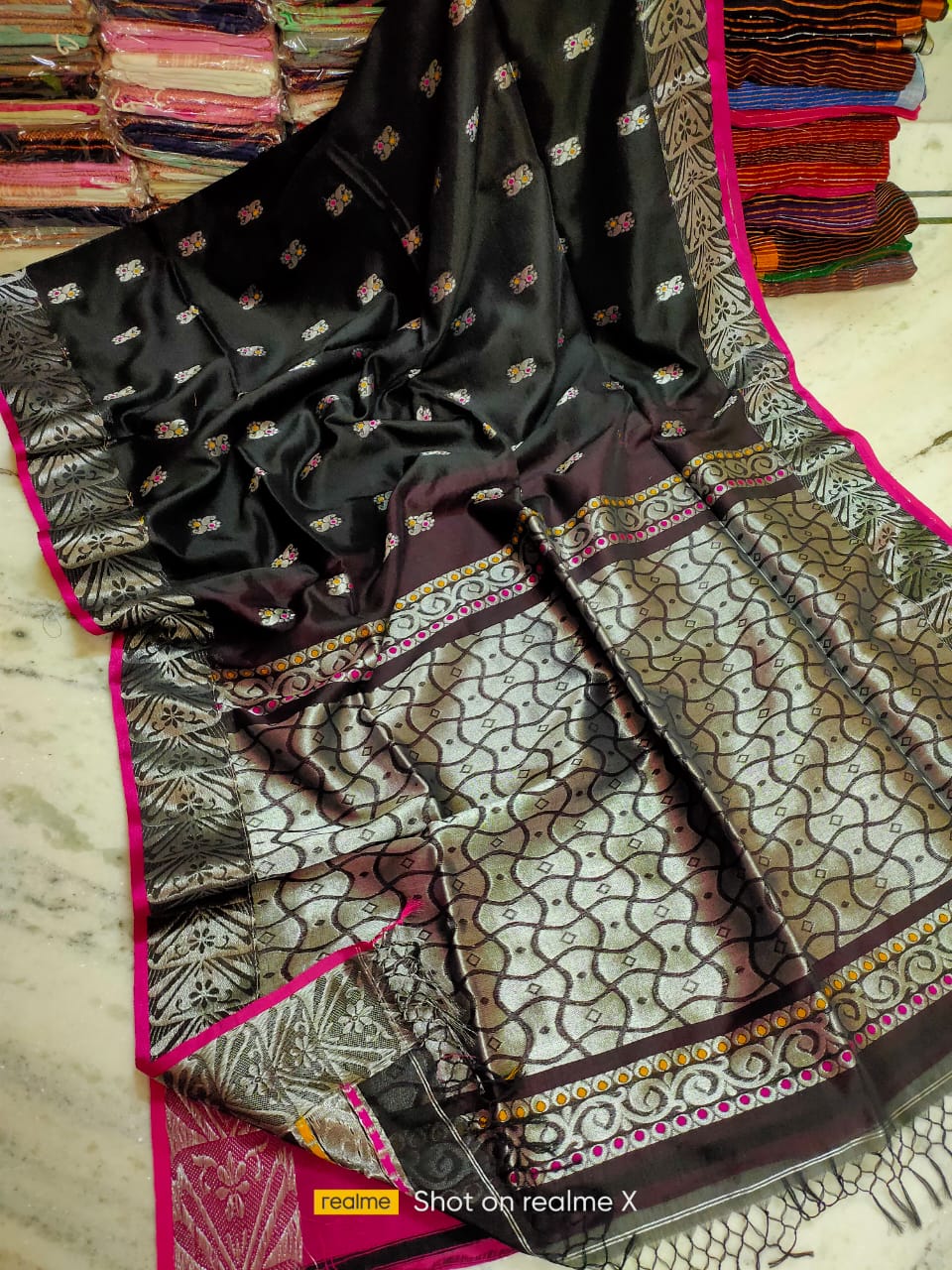 Mighty Black Intricately Handwoven Matka Cotton Silk Saree