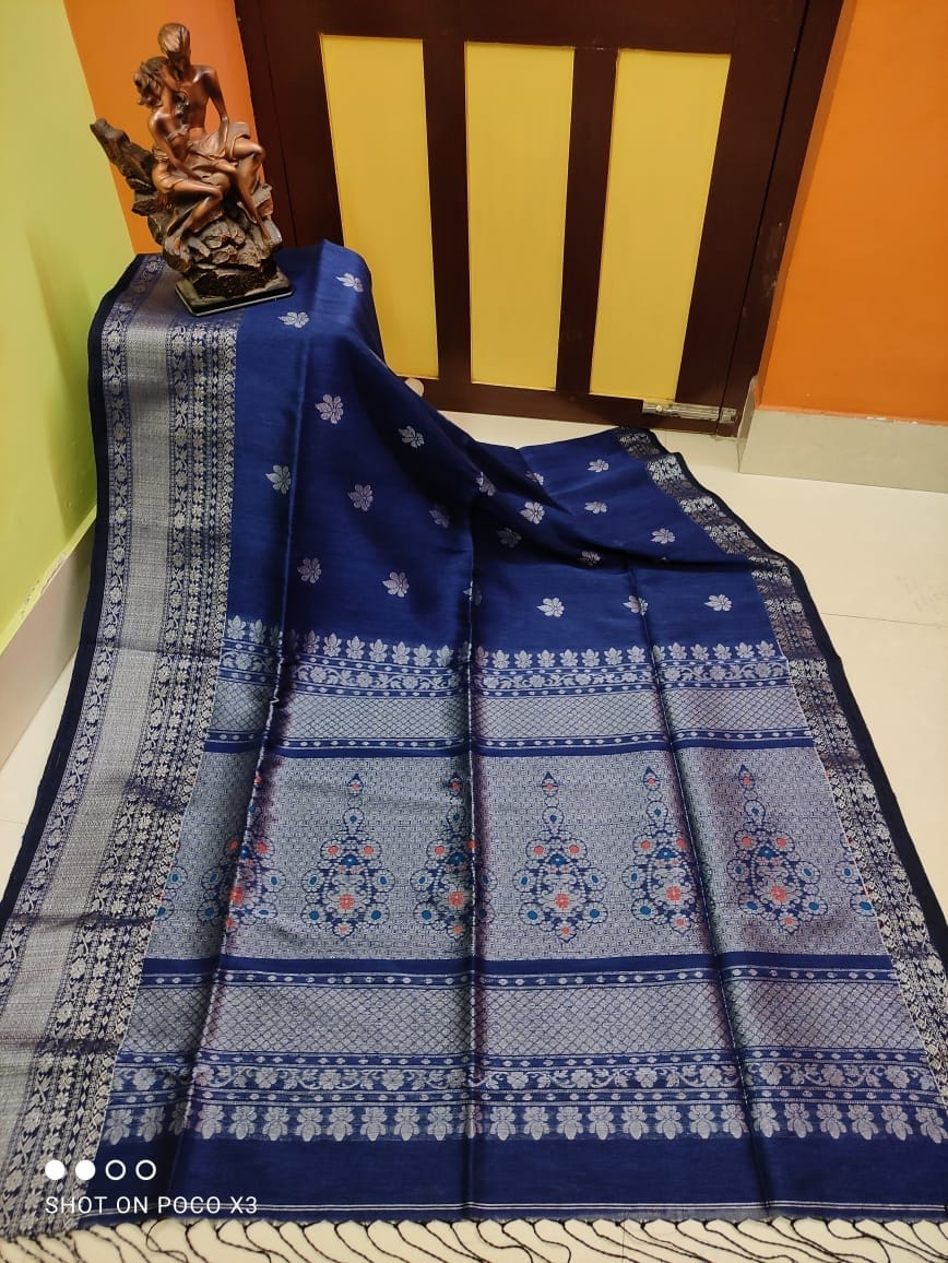 Mesmerizing Deep Blue Handwoven Kanjivaram Inspired Linen Cotton Blend Saree