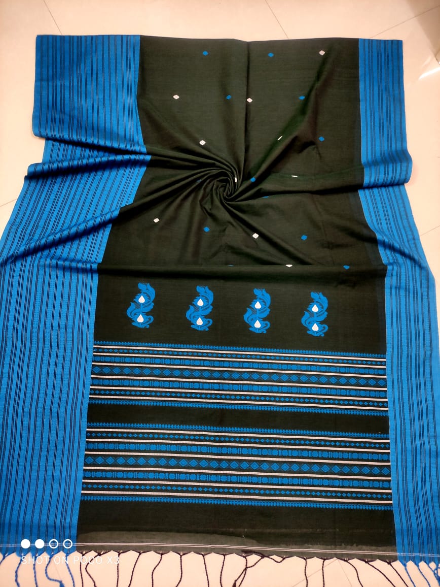 Mighty Blue Black Pure Cotton Handwoven Saree