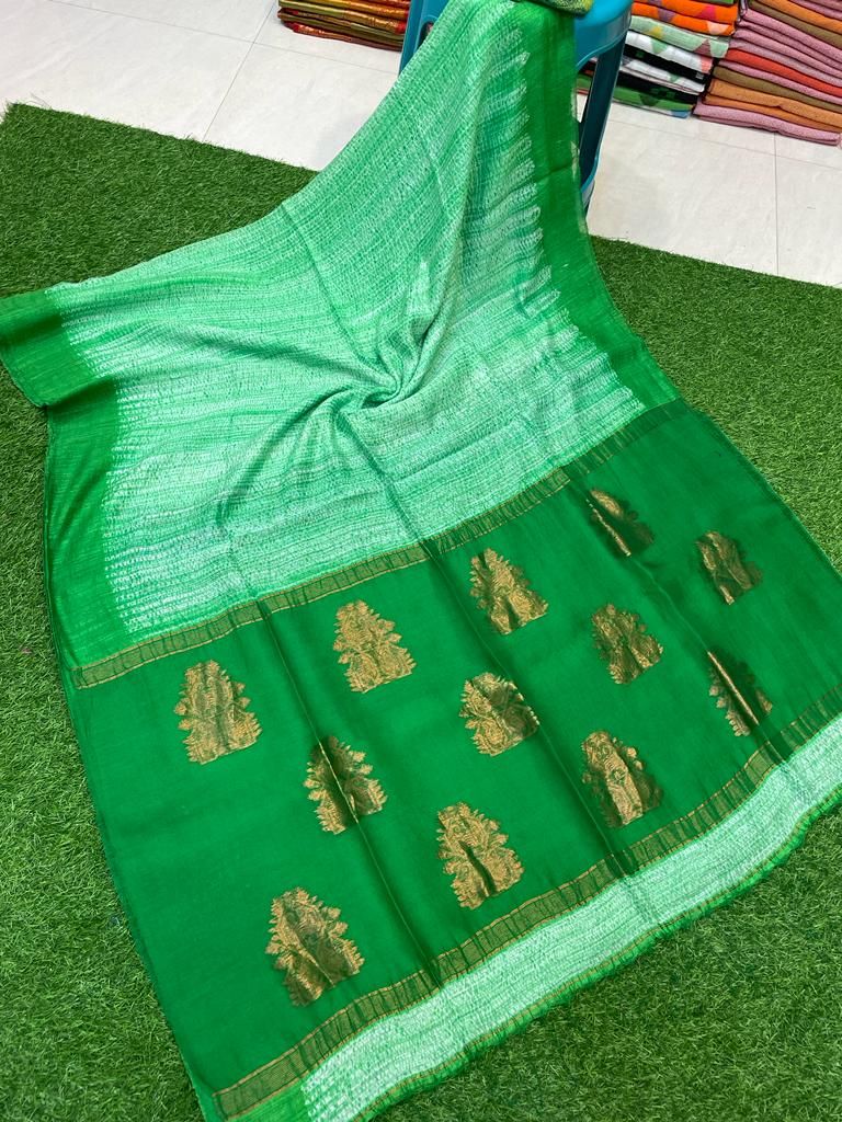 Natural Green Blend Resham Matka Silk Shibori Design Saree