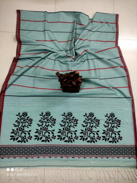 Ocean Blue Stripe Pattern Handwoven Cotton Saree