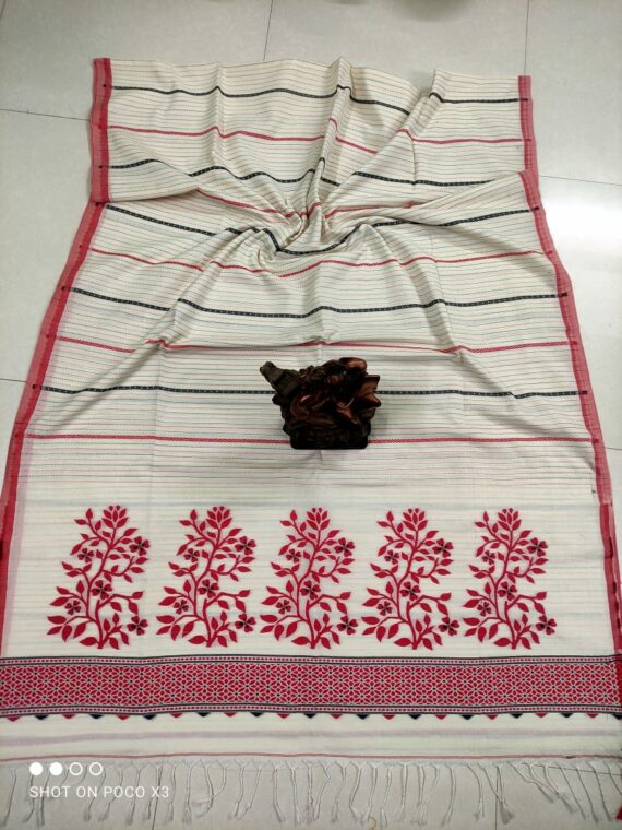 Off White Red Stripe Pattern Handwoven Cotton Saree