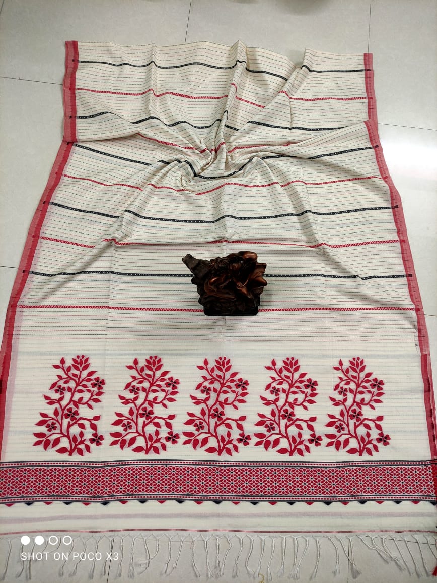 Off White Red Stripe Pattern Handwoven Cotton Saree