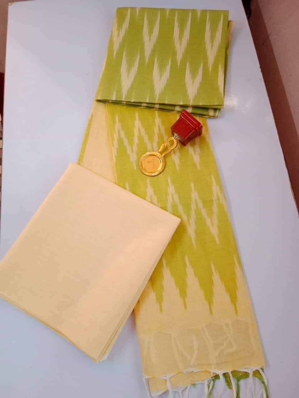 Olive Yellow Tone Fusion Ikkat Cotton Dress Material With Dupatta And Bottom