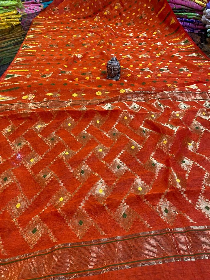 Orange Multicolor Blend Dhakai Jamdani Cotton Silk Saree Without Blouse