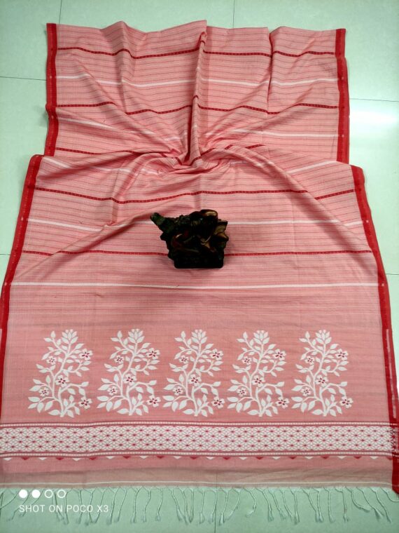 Peach Pink Stripe Pattern Handwoven Cotton Saree