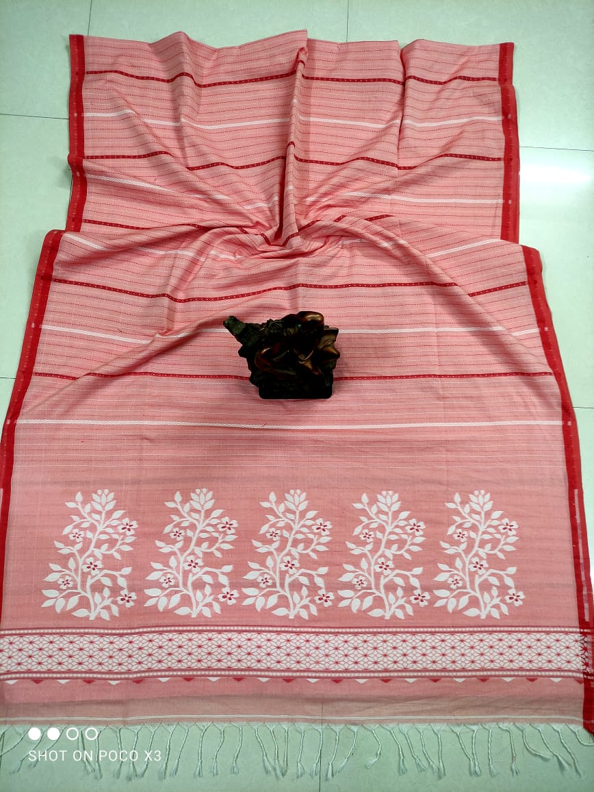 Peach Pink Stripe Pattern Handwoven Cotton Saree