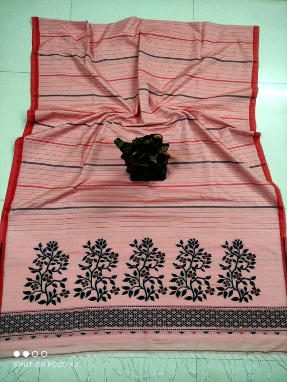 Peach Red Stripe Pattern Handwoven Cotton Saree