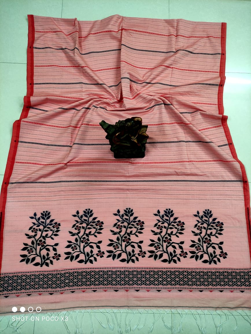 Peach Red Stripe Pattern Handwoven Cotton Saree