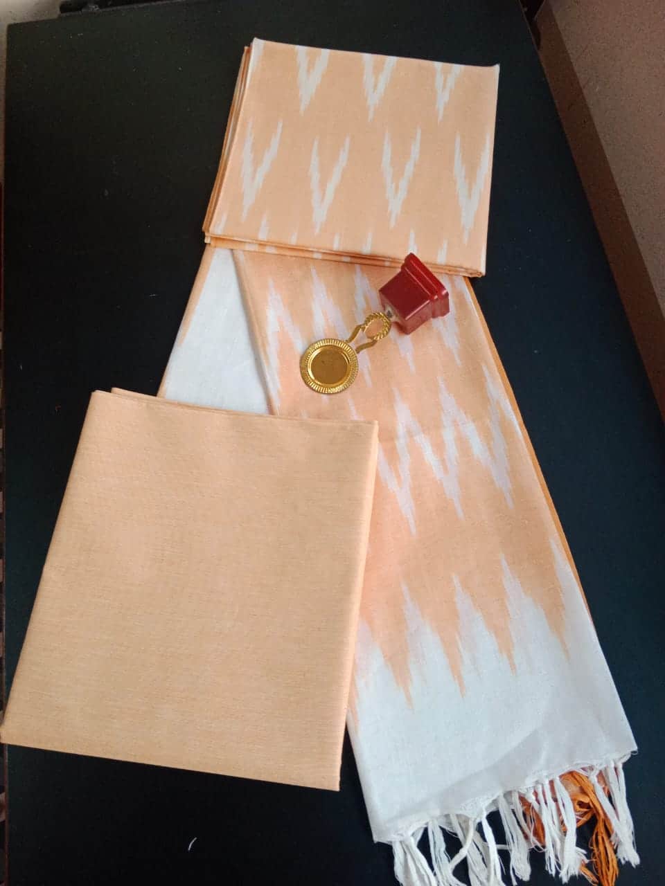 Peach White Fusion Ikkat Cotton Dress Material With Dupatta And Bottom