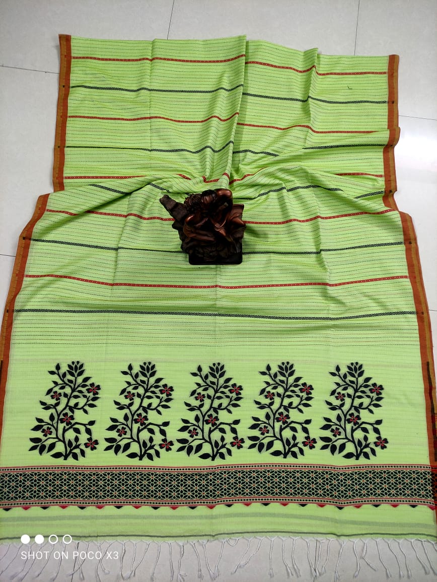 Pista Green Stripe Pattern Handwoven Cotton Saree