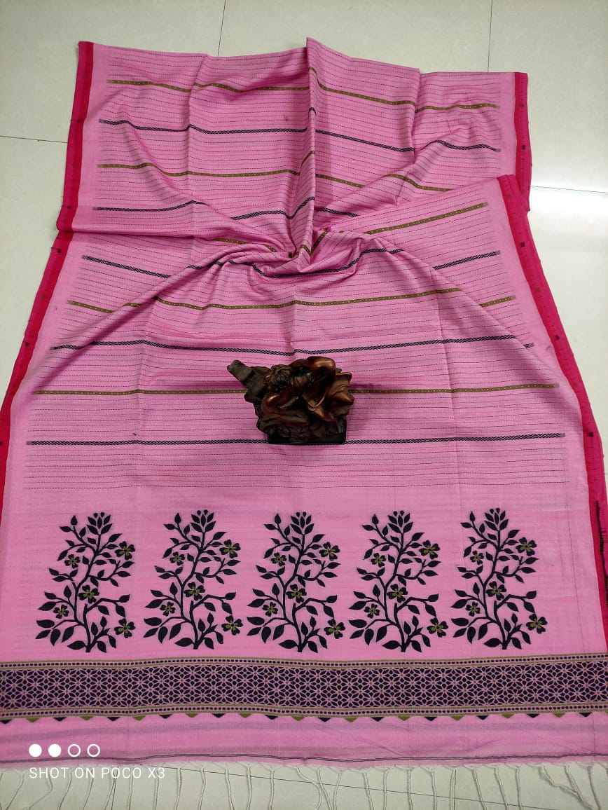 Pleasing Pink Stripe Pattern Handwoven Cotton Saree