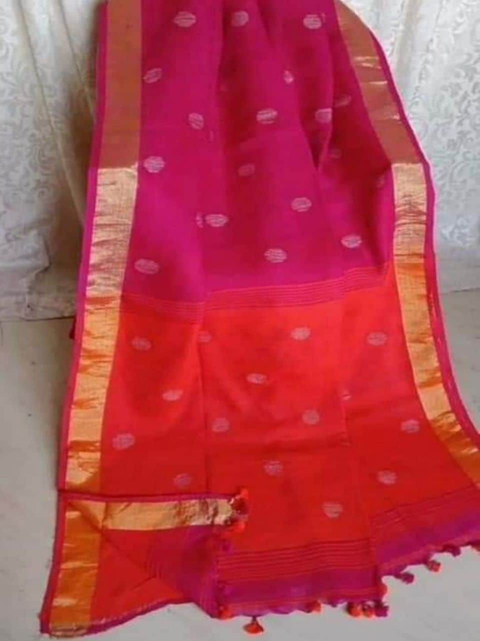 Pretty Attractive Orange Fusion Ball Butti Linen Jamdani Saree