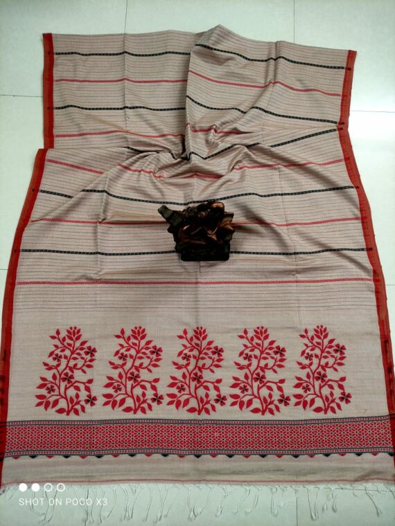 Pretty Beige Red Stripe Pattern Handwoven Cotton Saree