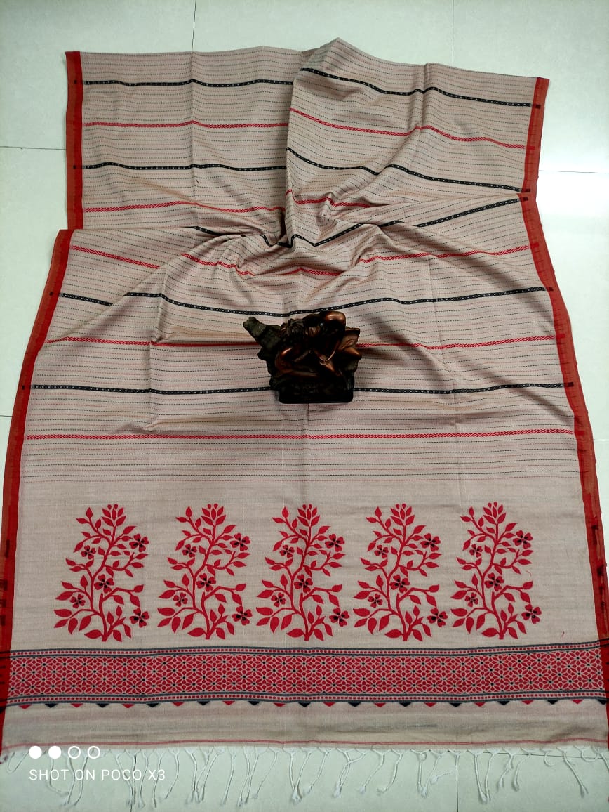 Pretty Beige Red Stripe Pattern Handwoven Cotton Saree