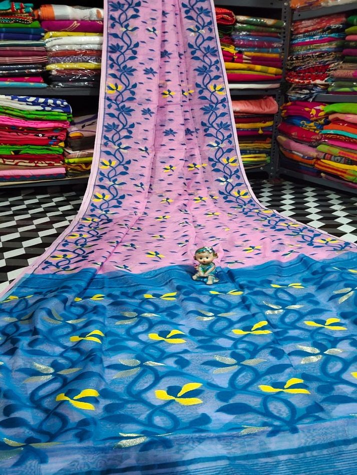 Pretty Unique Pink Blue Blend Dhakai Jamdani Cotton Silk Saree Without Blouse