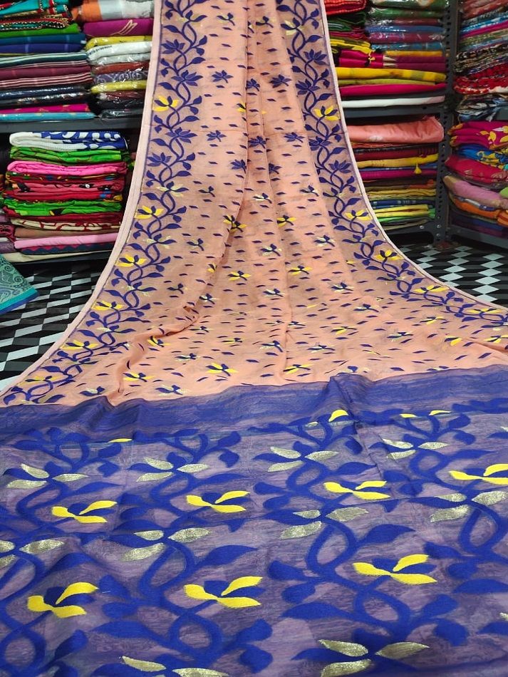 Rare Peach Blue Blend Dhakai Jamdani Cotton Silk Saree Without Blouse