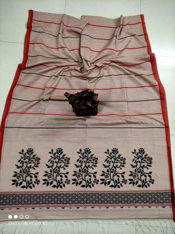 Red Black Blend Stripe Pattern Handwoven Cotton Saree