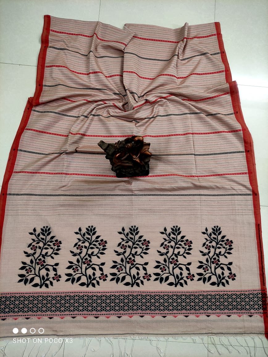 Red Black Blend Stripe Pattern Handwoven Cotton Saree