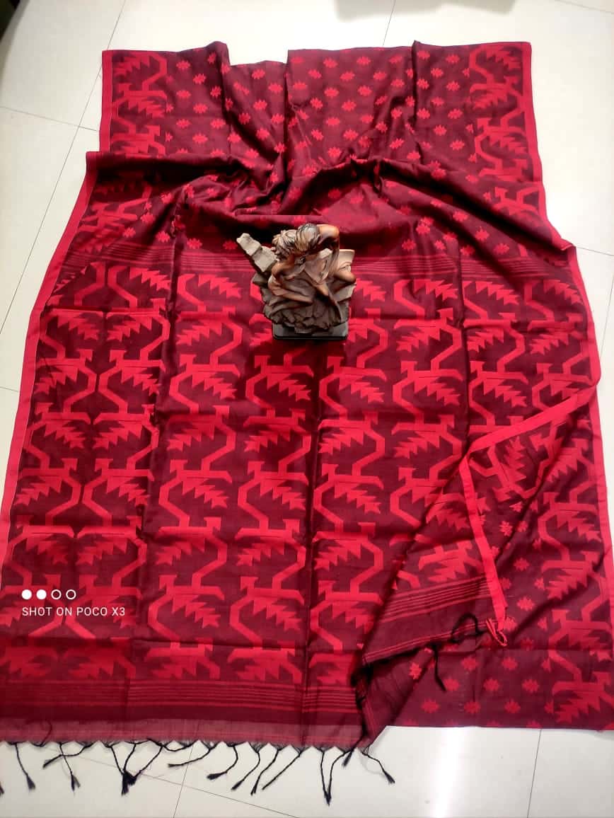 Red Burgundy Cotton Handwoven Jamdani Saree