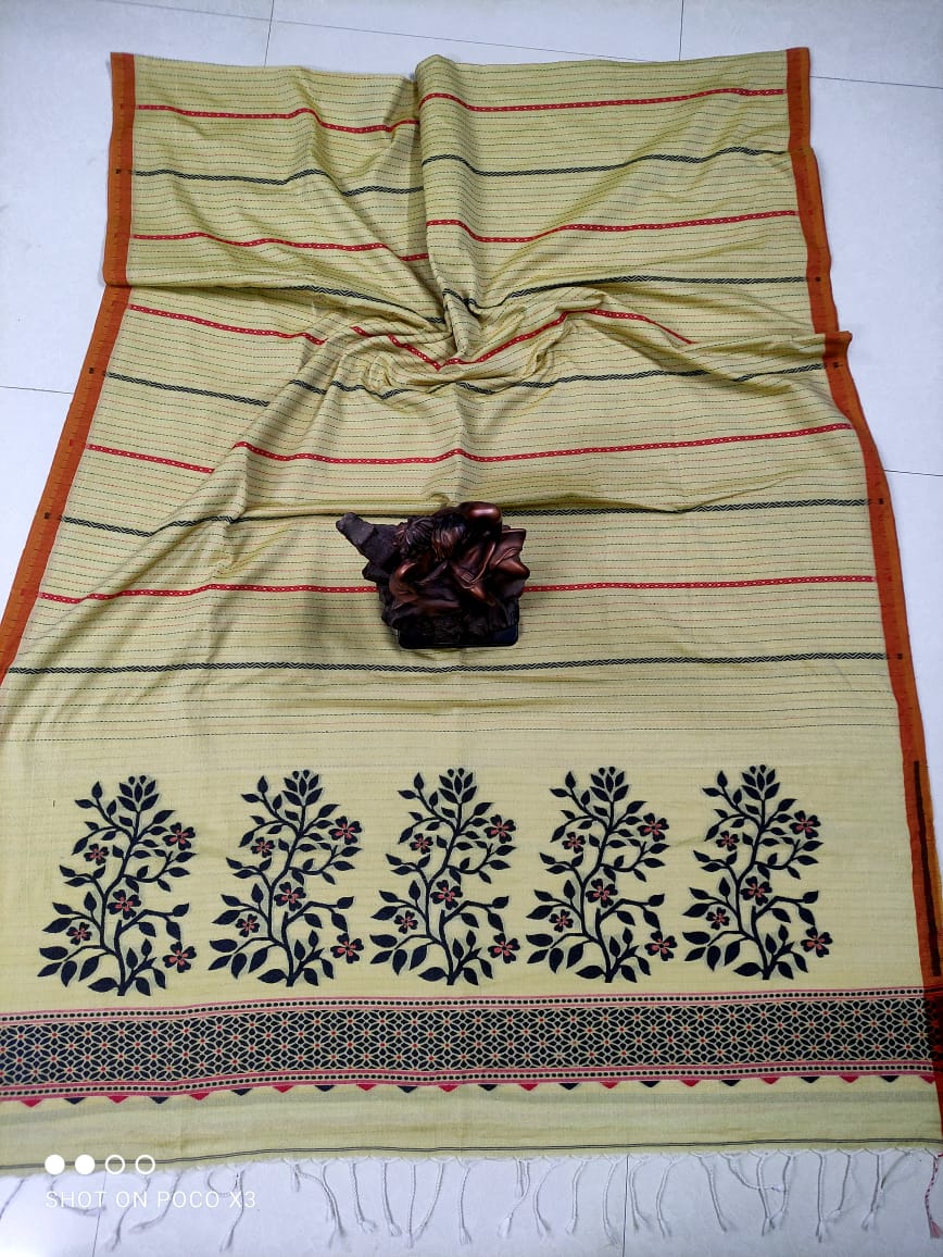 Ripe Olive Green Stripe Pattern Handwoven Cotton Saree