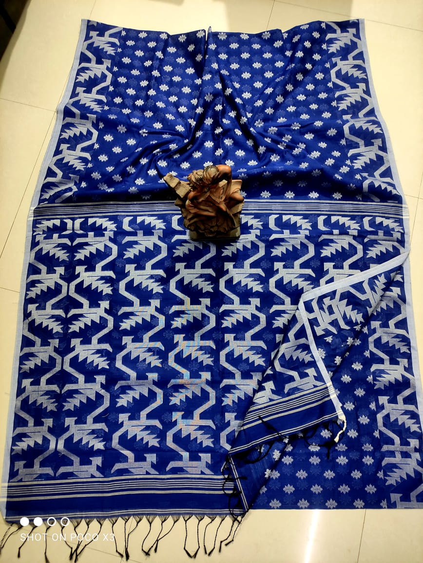 Royal Blue Cotton Handwoven Jamdani Saree