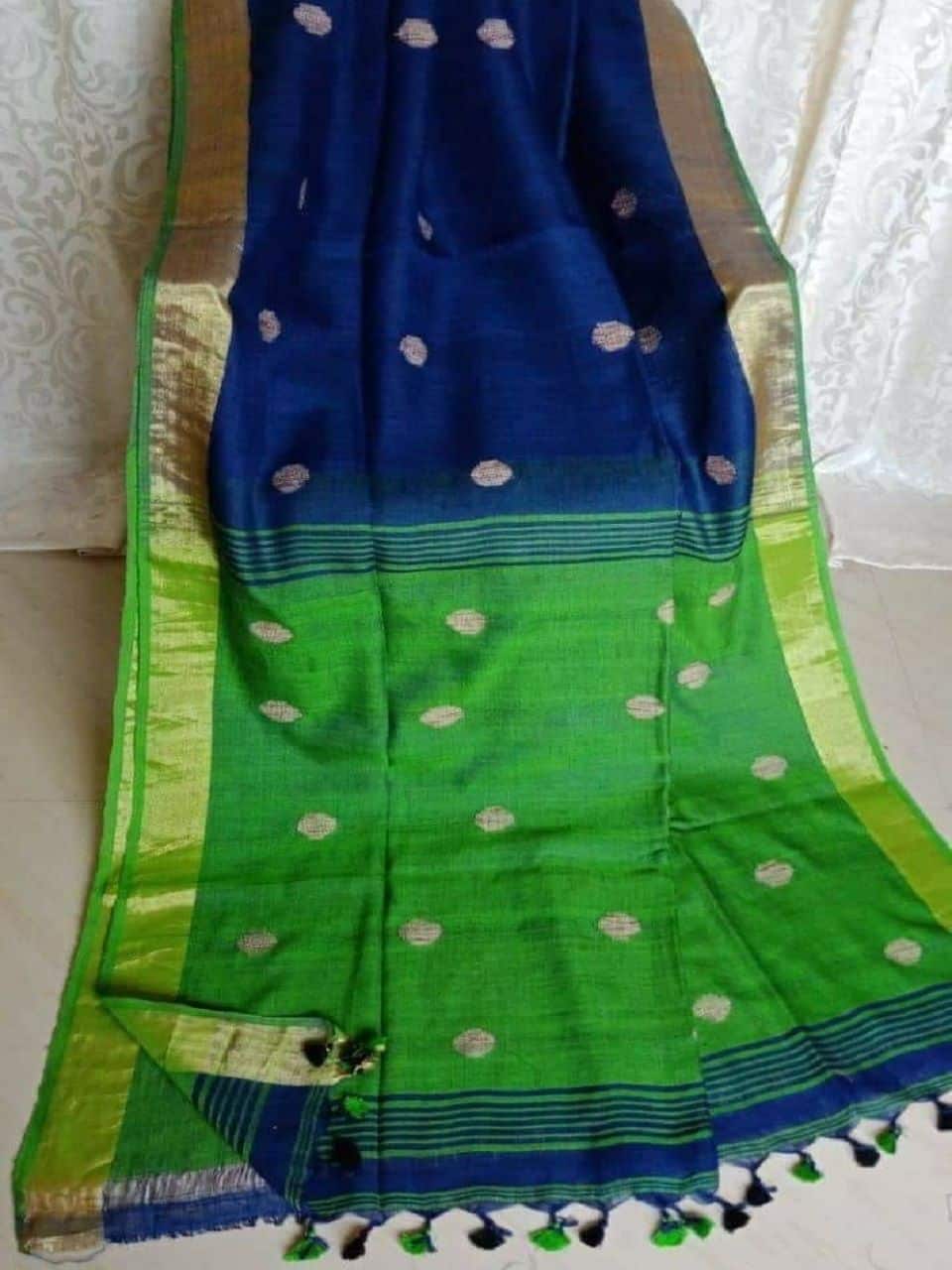 Royal Blue Green Fusion Ball Butti Linen Jamdani Saree