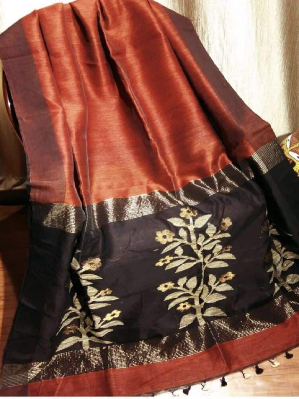 Rustic Orange Black Handwoven Linen Silk Saree With Floral Design Pallu