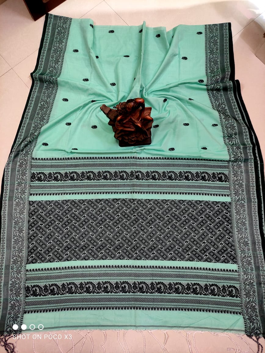 Sea Green Intricately Handwoven Cotton Saree With Beautiful Pallu