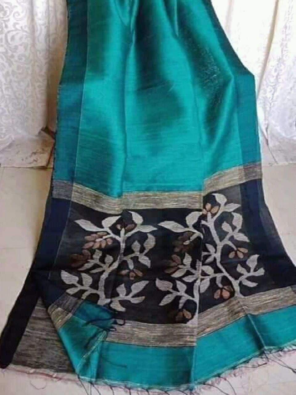SeaGreen Black Handwoven Linen Silk Saree With Floral Design Pallu