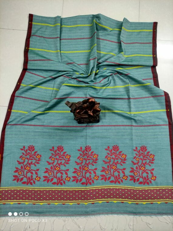 Smart Sea Green Stripe Pattern Handwoven Cotton Saree