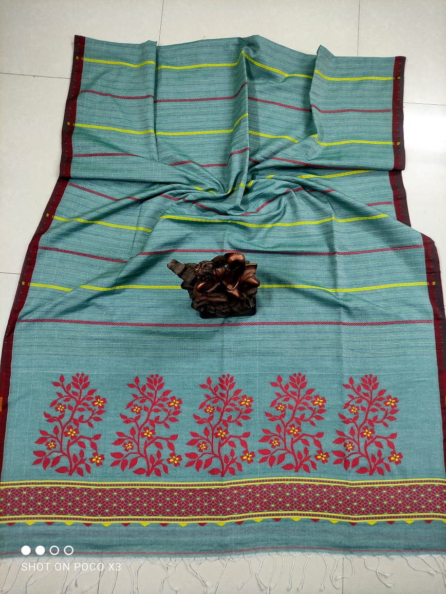 Smart Sea Green Stripe Pattern Handwoven Cotton Saree