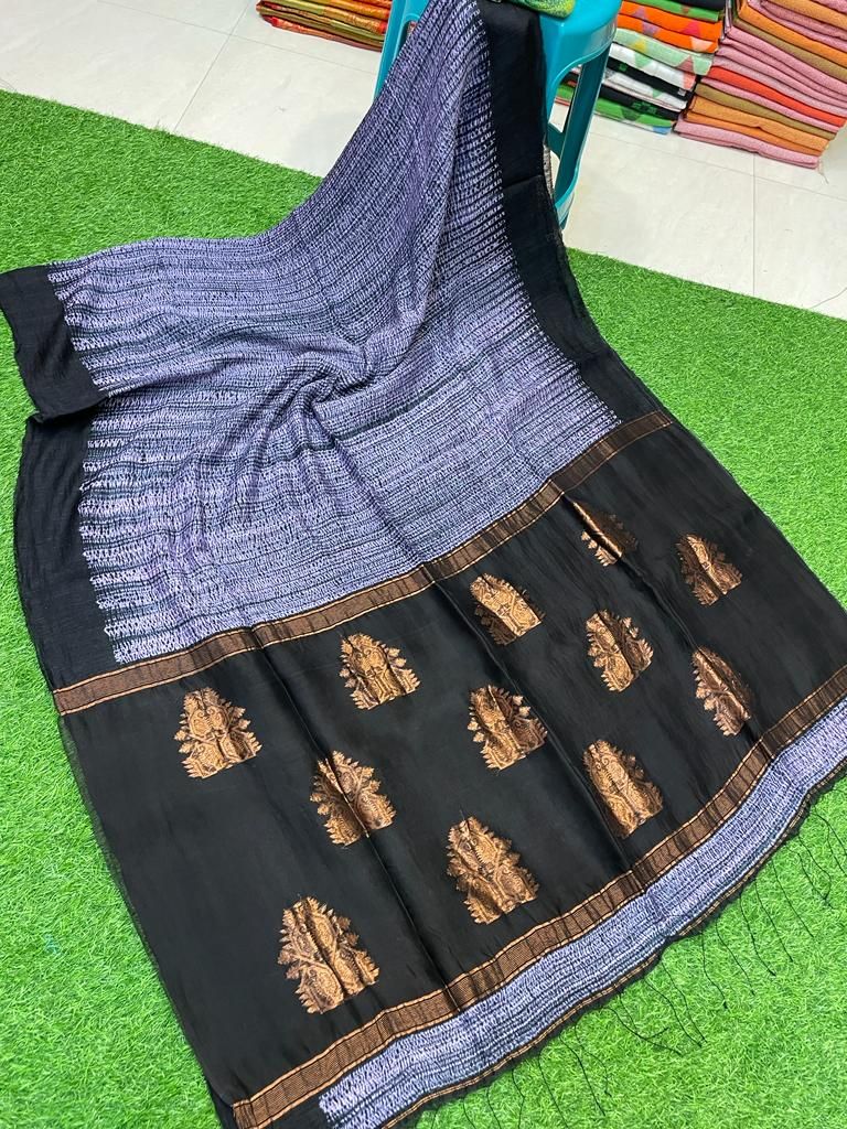 Soft Blue Black Blend Resham Matka Silk Shibori Design Saree