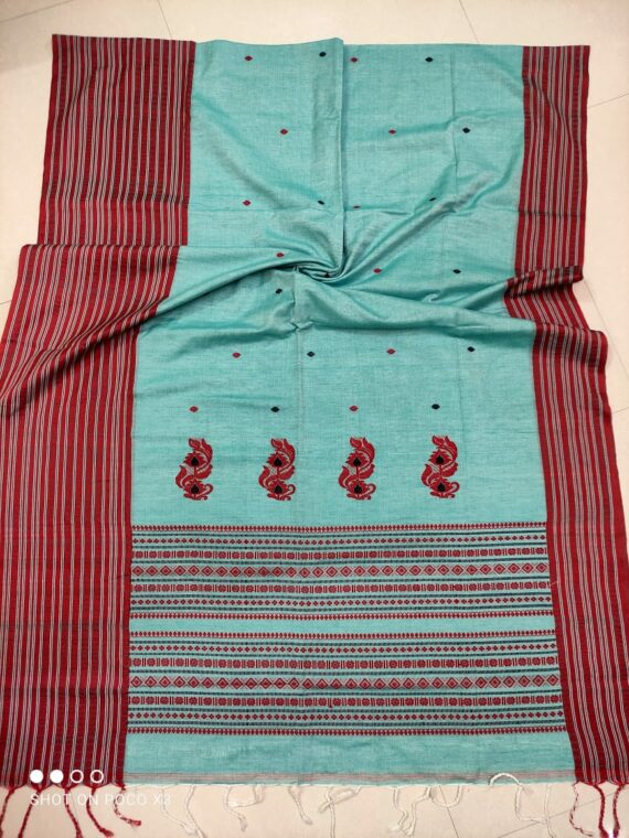 Splendid Blue Red Pure Cotton Handwoven Saree