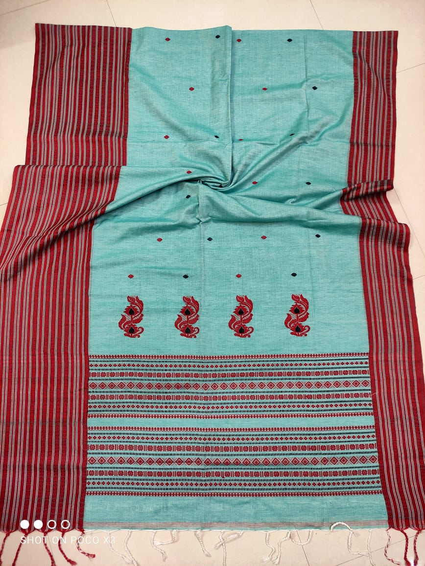 Splendid Blue Red Pure Cotton Handwoven Saree