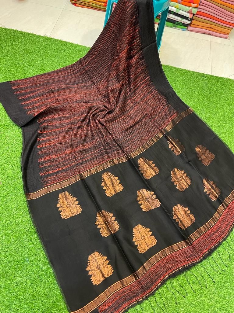 Stunning Rust Black Resham Matka Silk Shibori Design Saree