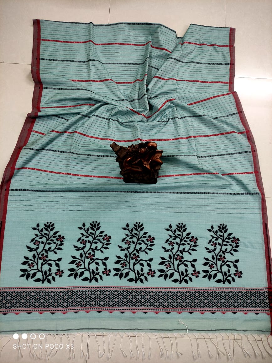 Subtle Blue Stripe Pattern Handwoven Cotton Saree