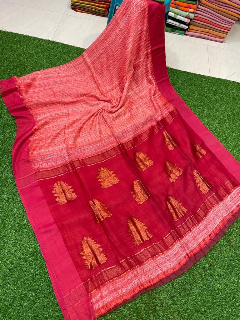 Subtle Peach Pink Resham Matka Silk Shibori Design Saree