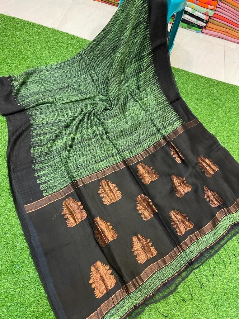 Tender Green Black Resham Matka Silk Shibori Design Saree