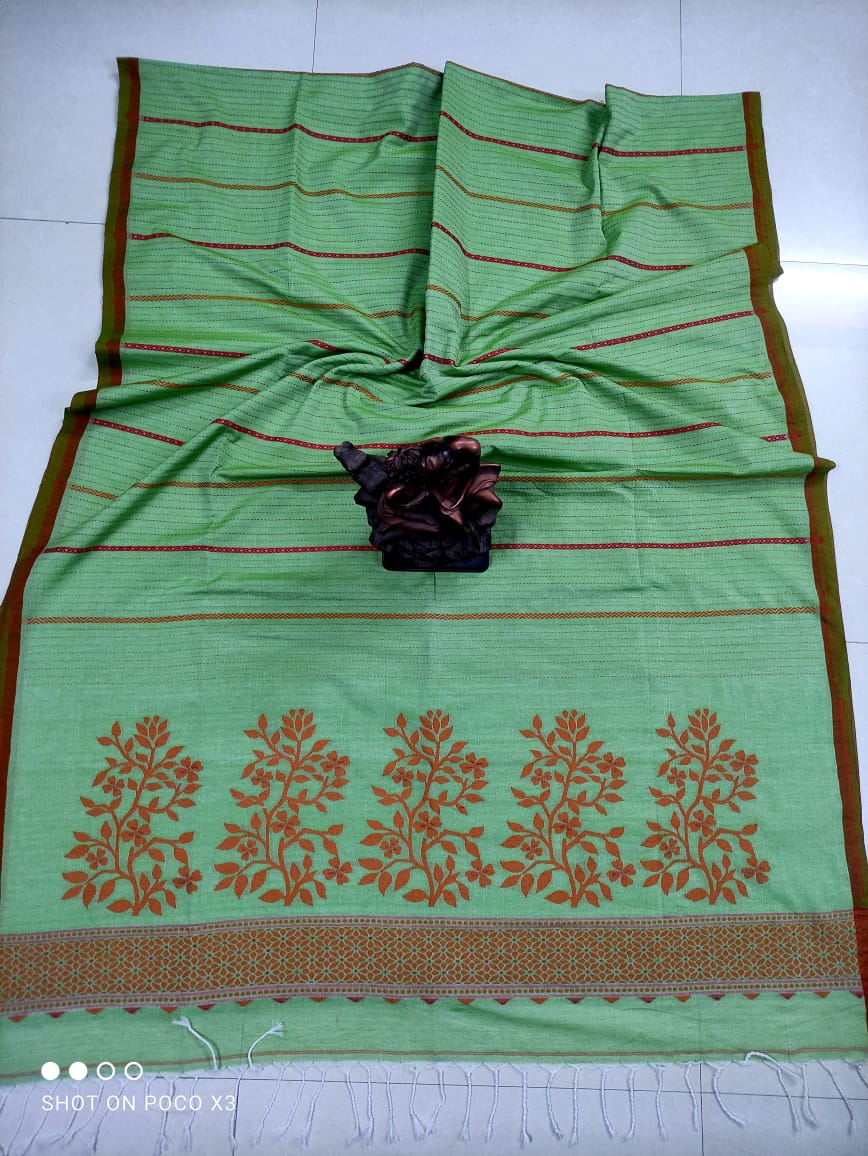 Tender Green Stripe Pattern Handwoven Cotton Saree