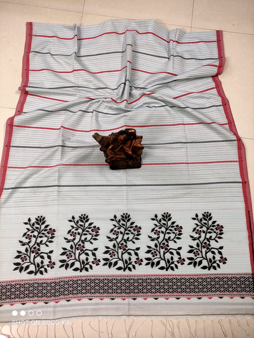 Ultra Fine Grey Stripe Pattern Handwoven Cotton Saree