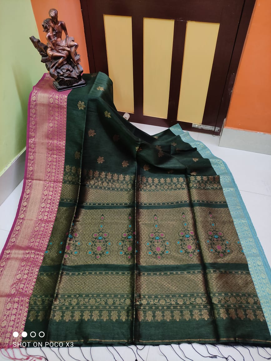 Unique Bottle Green Handwoven Kanjivaram Inspired Linen Cotton Blend Saree