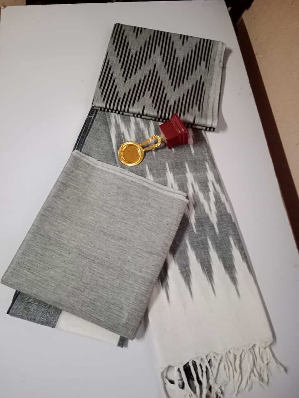 Unique Wave Pattern Grey Ikkat Cotton Dress Material With Dupatta And Bottom