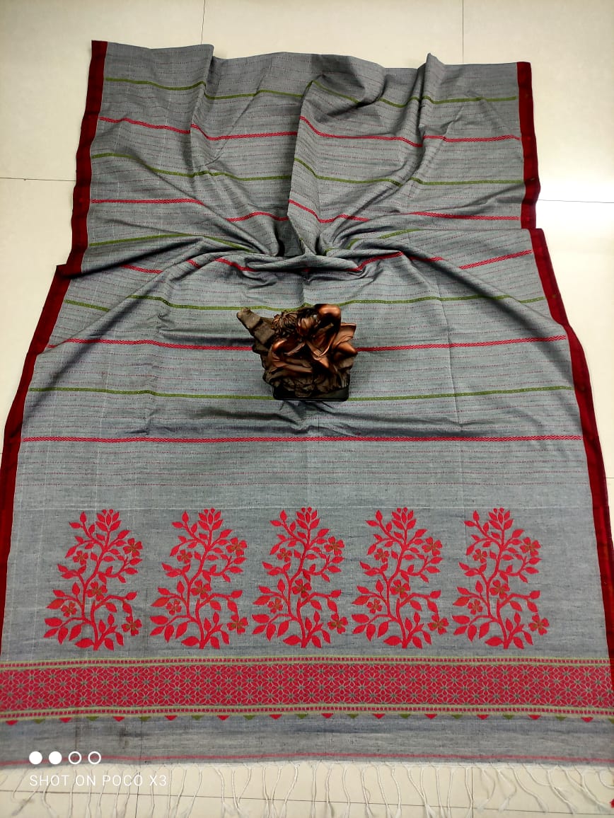 Warm Grey Stripe Pattern Handwoven Cotton Saree
