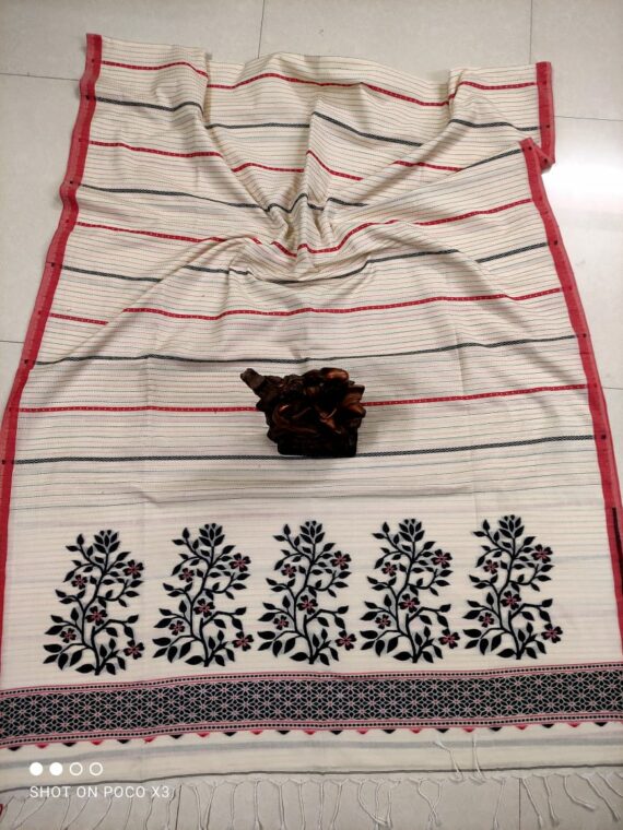 White Black Stripe Pattern Handwoven Cotton Saree