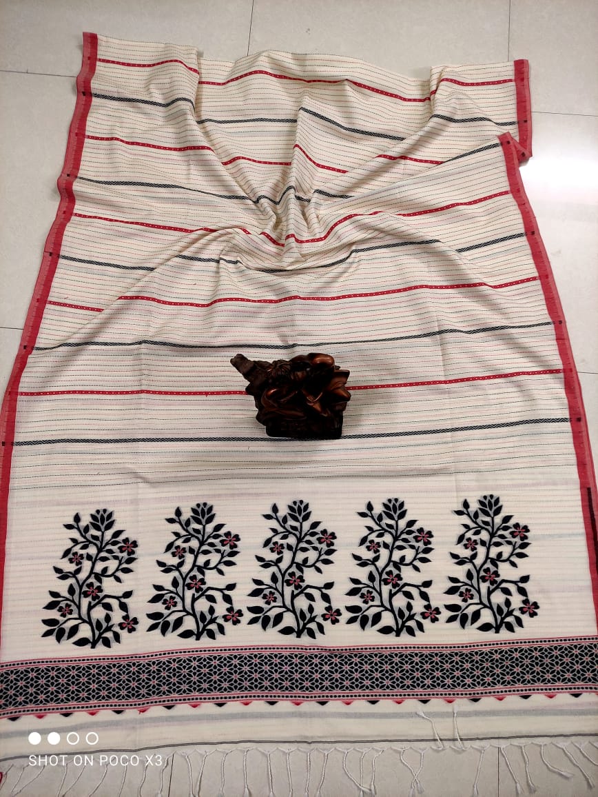White Black Stripe Pattern Handwoven Cotton Saree